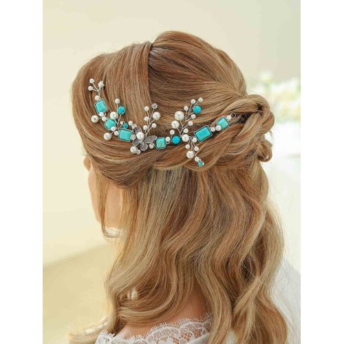 CASDRE Turquoise Bride Wedding Hair Vine Silver Pearl Bridal Headpiece Butterflies Hair Pieces Rhinestone Crystal Beach Wedding Hair Accessories for Women and Girls
