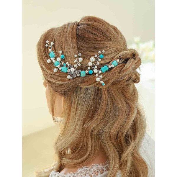 CASDRE Turquoise Bride Wedding Hair Vine Silver Pearl Bridal Headpiece Butterflies Hair Pieces Rhinestone Crystal Beach Wedding Hair Accessories for Women and Girls