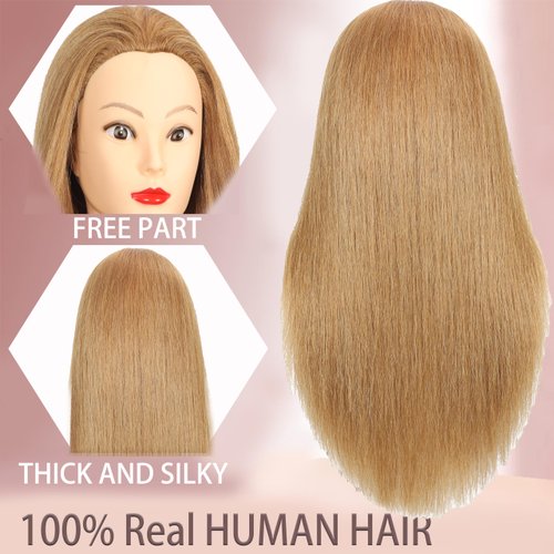 Female Mannequin Head with 100% Human Hair,20"" Blonde Real Hair Cosmetology Mannequin Head Hair Styling Training Head Cosmetology Manikin Head Doll Head for Hairdresser with Free Clamp