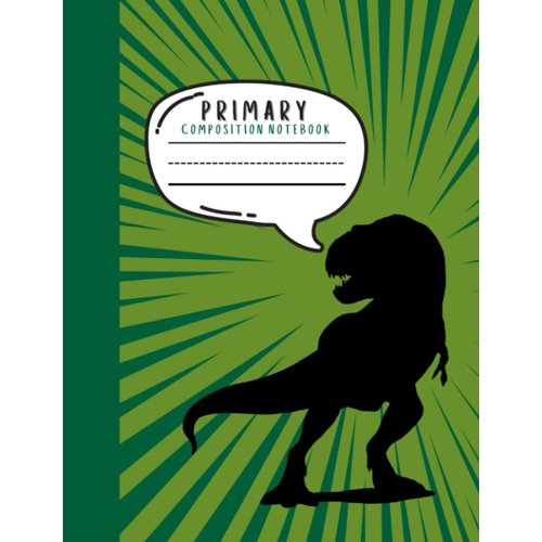 Primary Composition Notebook: Draw and Write Story Journal With Dotted Midline and Picture Space, 100 pages, Green Comic Book Dinosaur