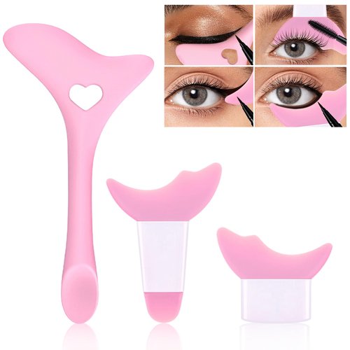 HOSAILY 3 Pcs Eyeliner Stencils Reusable Silicone Eyeliner Aid Mascara Shield Applicator Guide Tool Multifunctional Winged Eyeliner Eyelash Eyeshadow Lipstick Eye Makeup Tool for Women, Beginners (Pink)