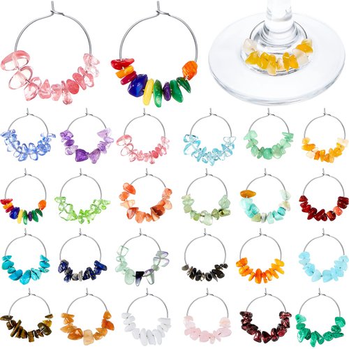 Leinuosen 24 Pcs Wine Glass Charms for Valentines Gift Gemstone Beads Wine Charm Wine Glass Markers Drink Markers Tags Wine Tasting Party Favors Decorations for Stem Glasses Wedding Holiday Birthday