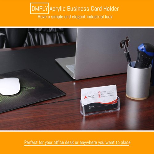 DMFLY Business Card Holder for Desk - 4 Pack Acrylic Business Card Holder Stand Display Plastic, Desktop Business Card Holders for Exhibition, Home & Office, Fits 30-50 Business Cards