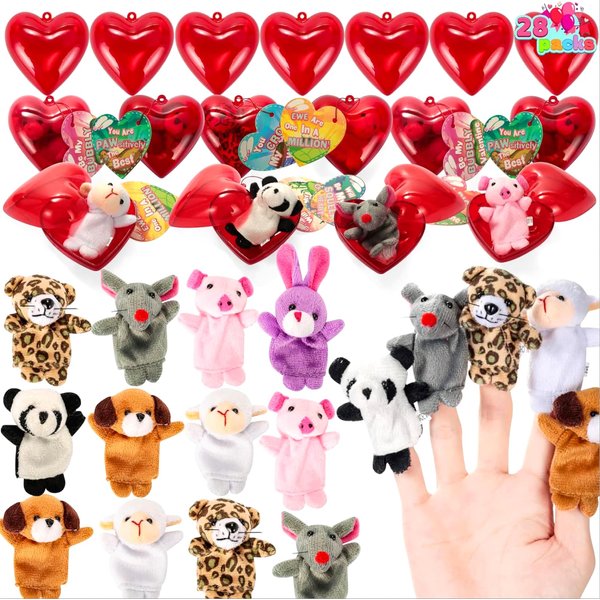 JOYIN 28 Packs Valentines Day Prefilled Hearts with Plush Animal Finger Puppet and Valentins Card for Kids Classroom Exchange, Valentine Party Favors, Gift Exchange, Game Prizes