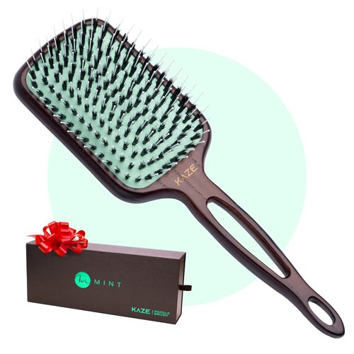 Eco-Friendly Boar Bristle Paddle Hair Brush for Women by MINT | Anti-Breakage Detangling Brush Great for Color-Treated Hair, Extensions and All Hair Types | Hand-Crafted Wooden Handle