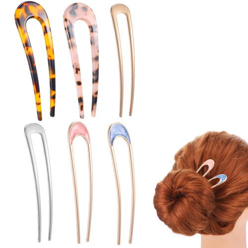 6 Pcs French Hair Pins Tortoise French Hair Fork Metal 2 Prong Hair Fork Acetate Acrylic U Shaped...