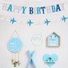 Zwiebeco Blue White Silver Happy Birthday Banner Sign Airplane Clouds Theme Birthday Banner Hanging Paper Birthday Party Decorations Supplies for Babys Kids Boys Girls Children's Birthday Decorations