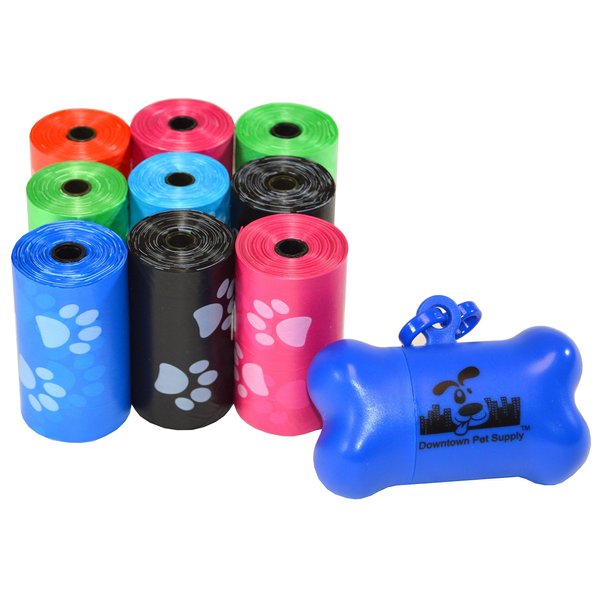 Downtown Pet Supply 180 Count Unscented Dog Waste Bags with Dog Poop Bag Dispenser, Rainbow with Paw Prints - Leak-Proof Dog Poop Bags Refills with Leash Clip and Bone Bag Dispenser - 12.5 x 8.5"