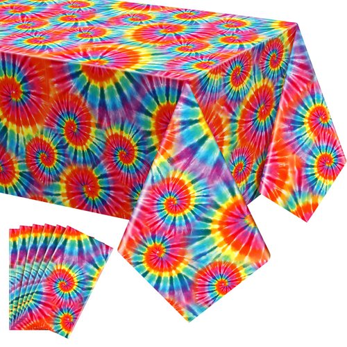 Newwiee 6 Pcs Tie Dye Tablecloth Rainbow Table Cloth 54 x 108 Inches Plastic Rectangle Tie Dye Party Supplies Colorful Disposable Table Cover for Tie Dye Themed Party Birthday Dining Room Kitchen