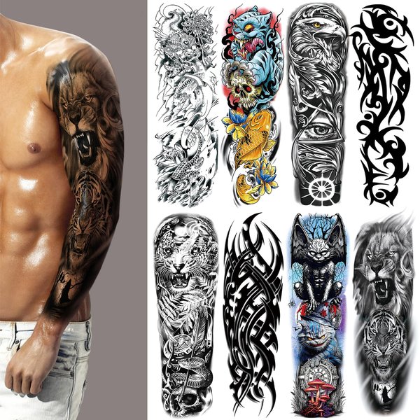 Halloween Full Arm Temporary Tattoo for Men, 8 Sheets Skull Skeleton Sleeve Tattoos Temporary, Demon Horrible Fake Tattoos That Look Real, Tigers, Lion, Koi, Eagle
