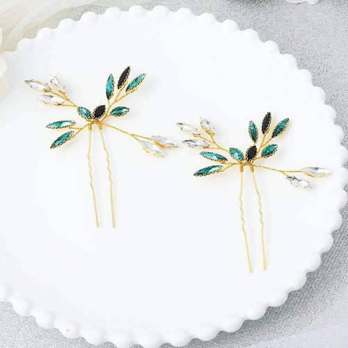 Fstrend Bride Wedding Hair Pins Green Crystal Headpieces Gold Bridal Hair Accessories Jewelry for Women and Girls Set of 2…
