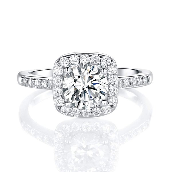 MDFUN 18K White Gold Plated Cubic Zirconia Promise Halo Engagement Promise Eternity Ring for Women (Brass, 5.5)