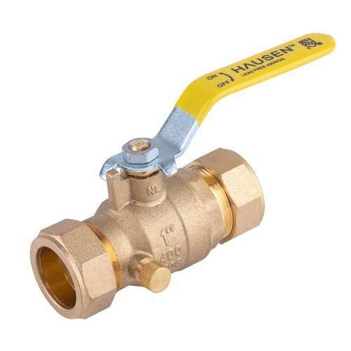 Hausen 1-inch Compression Standard Port Brass Ball Valve with Drain, 1-Pack