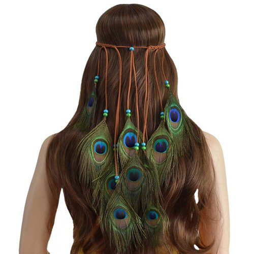Outyua Boho Long Peacock Feather Headdress Adjusable Feather Headband Halloween Gpysy Indian Festival Wedding Feather Headpices Hair Jewelry Accessories for Women and Girls
