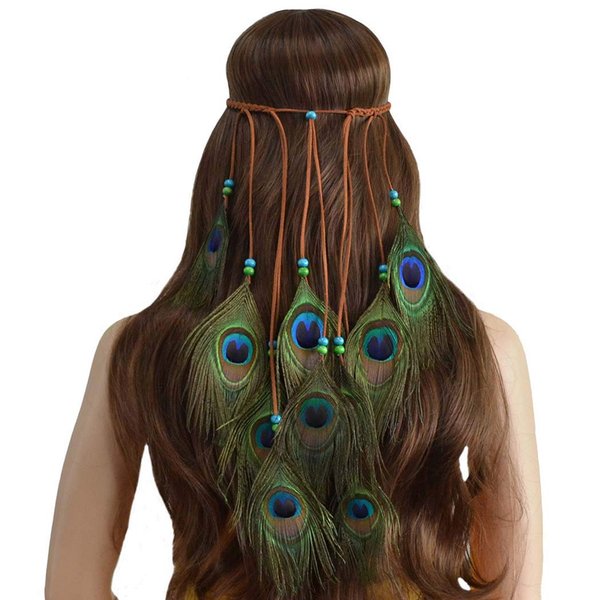 Outyua Boho Long Peacock Feather Headdress Adjusable Feather Headband Halloween Gpysy Indian Festival Wedding Feather Headpices Hair Jewelry Accessories for Women and Girls