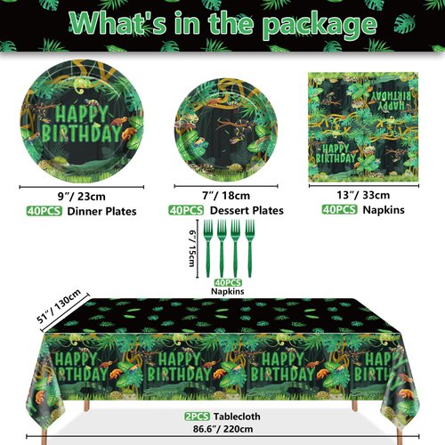 Reptile Birthday Party Supplies for 40 Guests, Disposable Tableware Set Includes Plates, Napkins, Forks, Tablecloth, Jungle Swamp Wilderness Snake Lizard Alligator Turtle Birthday Decorations for Kids