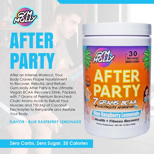 Gym Molly After Party Vegan BCAA Powder, Electrolyte Powder, BCAA Amino Acids After Post Workout Recovery Drink, Zero Carbs, Zero Sugar, 35 Calories Caffeine-Free (Blue Raspberry)