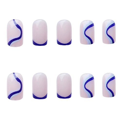 DANMANR Square Press on Nails Short Fake Nails French Acrylic Full Cover False Nails for Women and Girls 24PCS (Blue)