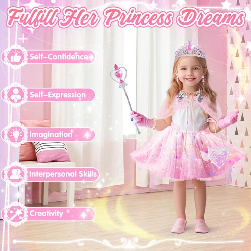 Surelect Princess Dress Up Clothes for Little Girl, Light Up Princess Cape Set with Crown, Princess Dresses for Girls 3-8 Role Play, Princess Toy Gift for Halloween Christmas Birthday Party