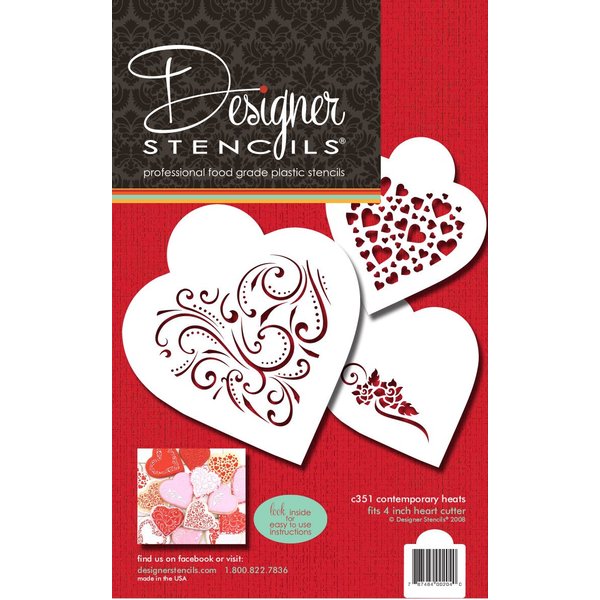 Designer Stencils Contemporary Hearts Cookie Stencils, Beige/Semi-Transparent, Fits 4" heart cutter