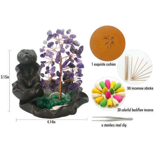 Ceramic Waterfall Incense Burner, Money Tree Backflow Holder Healing Crystal Stone, with 30 Cones + Stick for Yoga Meditation Home Zen Decoration(Amethyst)