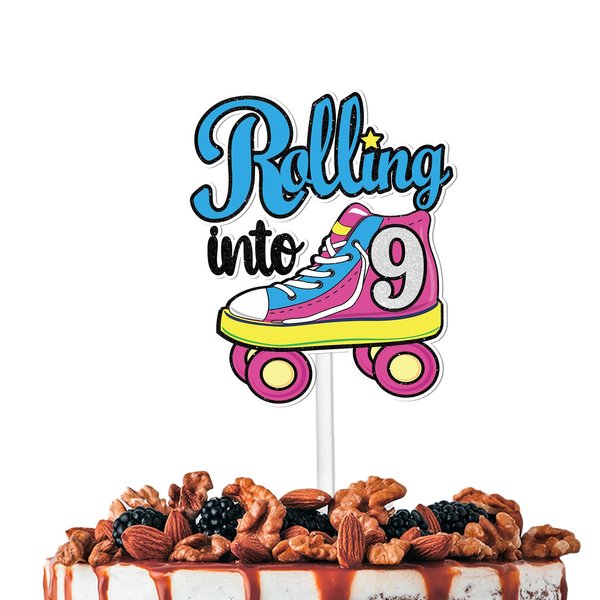 Blue Glitter Rolling into 9 Cake Topper Pick for 80s 90s Retro Roller Skates Hip Hop Roller Skating Party Decor Supplies Children Boy Girl 9th Happy Birthday Theme Decorations