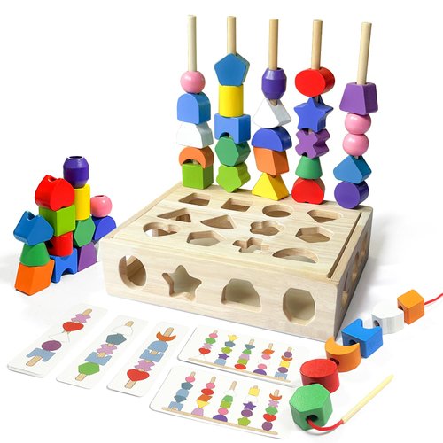 Goujfol Montessori Wooden Beads Sequencing Toy Set, 3 in 1 Wooden Color Shape Sorters Toys, Lacing Beads Matching Stacking Game, Preschool Learning Toys for Kids Boy Girl Toddler 3 4 5 Year