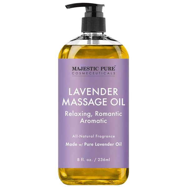 MAJESTIC PURE Lavender Massage Oil - Hydrating, Calming, Warming, Relaxing & Rejuvenating Body Oil - Premium Grade, Made with Natural Oils - Skin Care for Men and Women - Made in USA - 8 fl oz