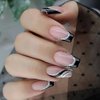 24Pcs French Tip Press on Nails Medium Length Square Fake Nails Glitter False Nails Lines Black Coffin Design Nail Art Supplies Full Cover Artificial Glue on Nails for Women Girls Acrylic Decorations