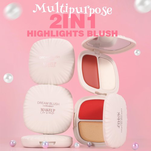 MIESCHER 2 in 1 Pearl Blush Blendable Highlights, Blush+Highlight Sea Shell Tinted Smooth Cream Blush Face Makeup for Cheek & Eye, Lightweight Highlighter Blusher Eyeshadow Palette, 01#So Shy