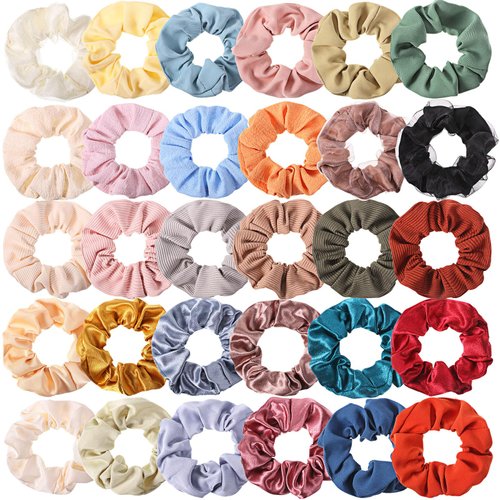 Crowye 30 Pcs Cute Hair Scrunchies for Women Girls Kawaii Colorful Scrunchies Elastic Bands Ponytail Holder Scrunchies Bulk Assorted Hair Ties Accessories for Kids (Solid Color Pattern)
