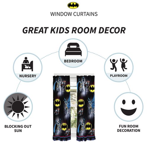 Franco Kids Room Window Curtain Panels Drapes Set, 82 in x 63 in, Batman