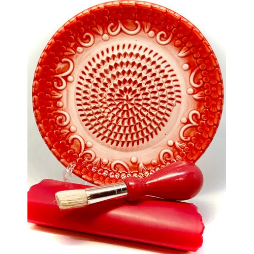 BonCera, All-in-one 4pcs Prime Ceramic Garlic Grater Set - HandMade, Red Emboss Design Grater Plate w/Garlic Peeler, Gathering Brush, Display Stand, It's also grating Turmeric, Ginger, and more,