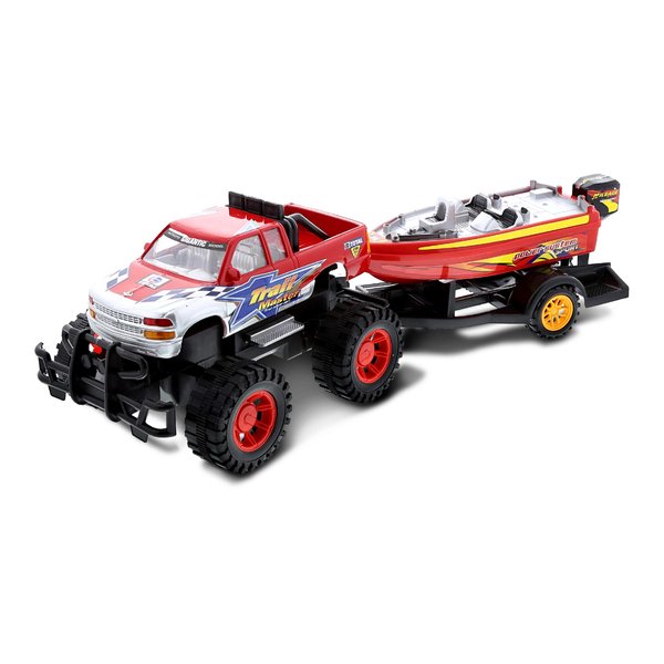 Mozlly Monster Truck Toys Set with Trailer Toy Boat - Friction Powered Hauling Truck and Trailer Toy, Big Toy Monster Truck with Boat, Adventure Truck Pulling Boat Toy Monster Trucks for Kids - 9 Inch