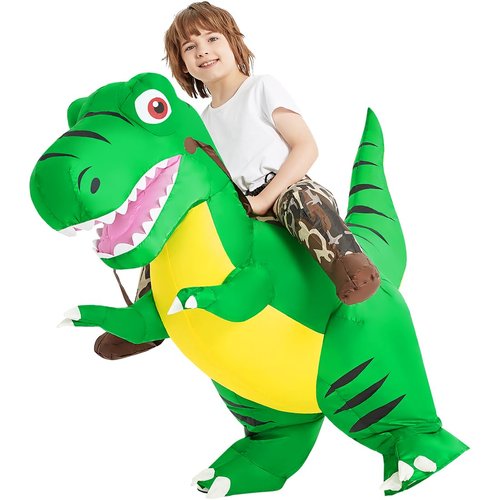 COMIN Inflatable Dinosaur Costume Kids, Ride on T-rex Blow Up Dino Costume Green Funny Dress for Halloween Party 2-3Y