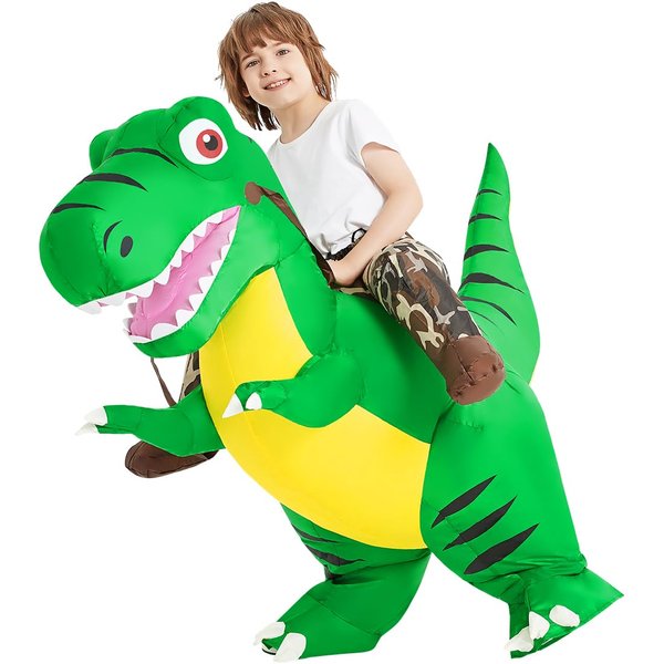 COMIN Inflatable Dinosaur Costume Kids, Ride on T-rex Blow Up Dino Costume Green Funny Dress for Halloween Party 2-3Y