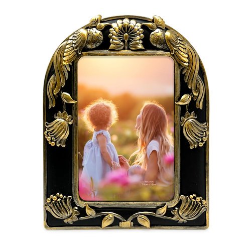 Isaac Jacobs 4x6 Black with Gold Peacock Arch Frame with Easel for Tabletop Display, Decorative Art Design, Home Décor (4x6, Black with Gold)