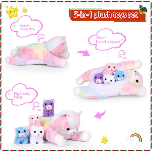 5 Pieces Cat Stuffed Animals for Girls, 1 Big Colorful Mommy Cat with 4 Mini Kittens, Soft Plush Toys for Kids Age 3 and Up, Great, Valentine's Day Gifts for Toddler,Girls, Boys