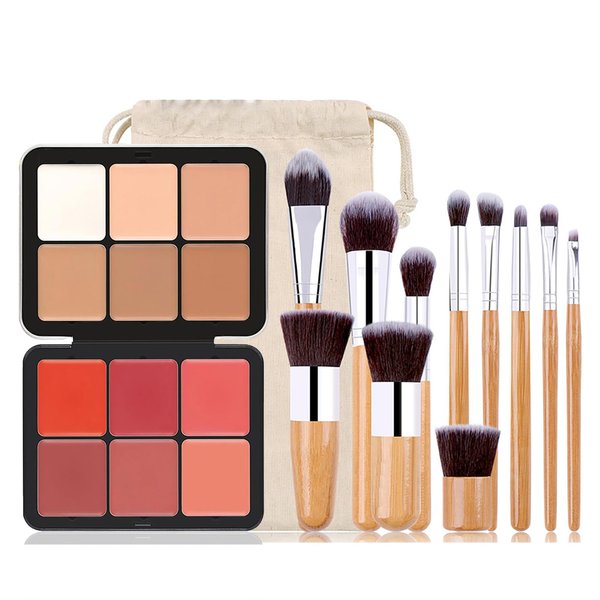 Joyeee Cream Concealer Palette/Blush Palette Kit, 2 In One Blendable Blush Concealer Contour Set with 11 Pcs Complete Makeup Brush and Storage Bag, High Impact Buildable Color, Vegan & Cruelty Free