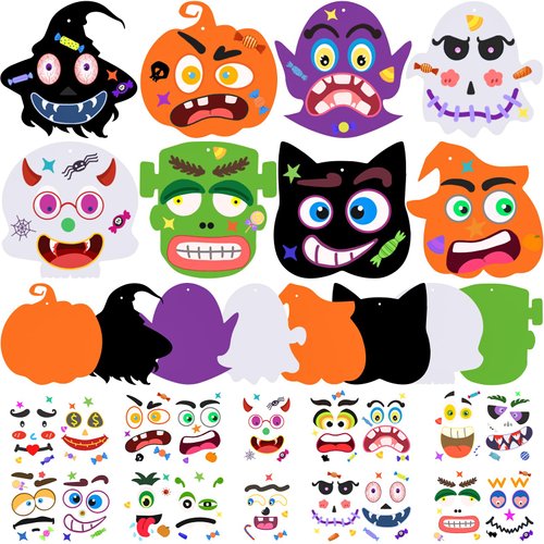 Natonhi Halloween Crafts Set, Halloween Activitie Art and Craft Foam Pumpkin Cat Bat Ghost Witches with Self Adhesive Face Stickers Kits for Kids Halloween Decorations Game Party Favors