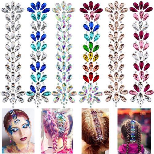 Hair Gems Tattoo Stickers Face Body Jewels Stickers Eyes Forehead Mermaid Rhinestone Glitter Tattoos with Self Adhesive Crystal Tears Paste for DIY Body Art Decals, Music Festival Party(6 Pack)