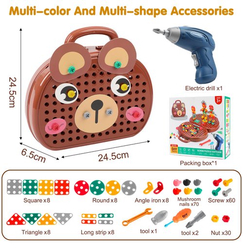 Magic Montessori Play Toolbox Bear, Thrsday Creative Tool Box, Montessori Play Toolbox with Drill, Mosaic Puzzle Toy with Electric Drill Screw Tool Set for Kids Ages 3-12 Years Old (Brown)