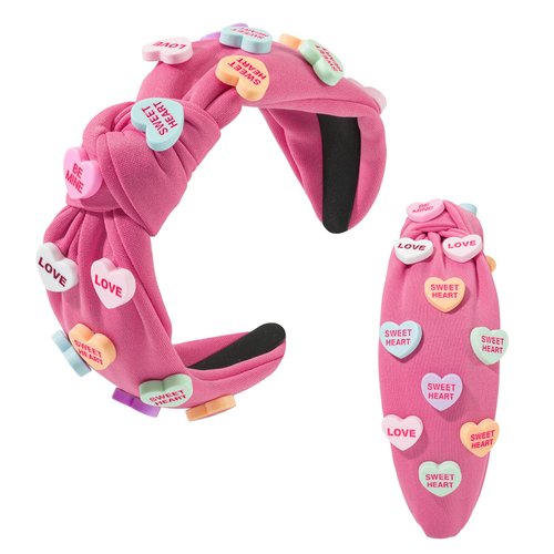 Valentine's Day Heart Candy Embellished Headband Love Heart Charm Knotted Hot Pink Headband Non Slip Wide Top Knot Fashion Hairband Party Gift for Women Girls(rosy)