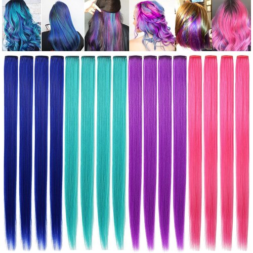 ZHAOWWEI 16 Pcs Princess Colored Extensions Multi-Colors Party Highlights Streak Synthetic Hairpieces Clip-In/Clip On Colored Hair Extensions (Blue Purple Teal Pink)