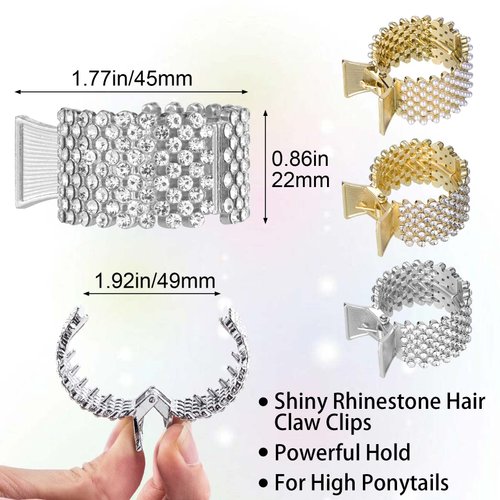 HINZIC 3PCS 1.77Inch Rhinestone Crystal Bling Hair Claw Clips Small Metal Shark Pearl Hair Barrettes High Ponytail Buckle Holder for Women Party Prom(Gold, Silver)