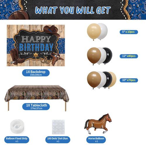 Western Cowboy Birthday Party Decorations, 125PCS Cowboy Birthday Party Supplies Including Western Backdrop, Cowboy Balloon Arch/Garland Kit, Western Tabblecloth