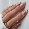 Medium Press on Nails French Almond Fake Nails Gold Butterfly False Nails Tip with Lines Designs Acrylic Nails Nude Pink Glue on Nails Reusable Artificial Nails Cute Stick on Nails for Women 24PCS
