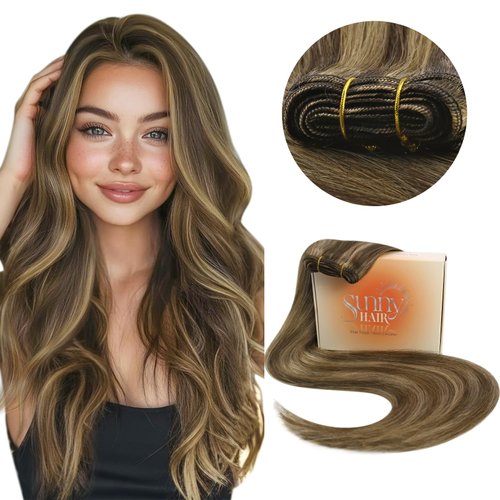 Sunny Weft Hair Extensions Human Hair Brown Highlights Sew in Hair Extensions Real Human Hair Dark Brown with Caramel Blonde Weft Hair Extensions Thick End 14inch 70g