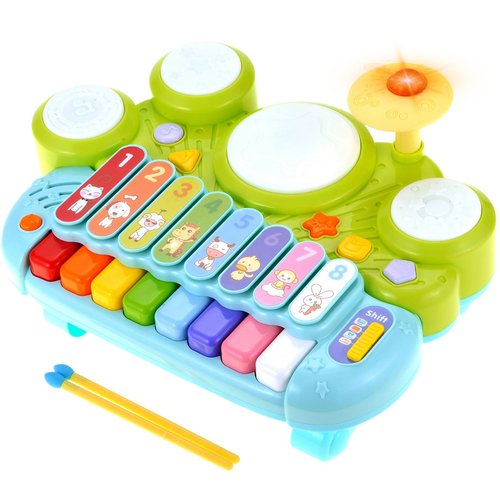 PowerTRC 3 in 1 Musical Instrument Toy for Baby & Toddler, Electronic Piano Keyboard with Xylophone and Drum Set, Learning Toy with Lights and Sound, Educational Montessori Toys for Babies