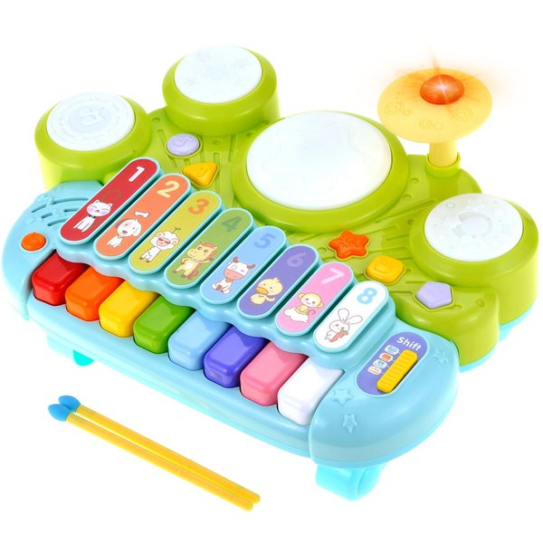 PowerTRC 3 in 1 Musical Instrument Toy for Baby & Toddler, Electronic Piano Keyboard with Xylophone and Drum Set, Learning Toy with Lights and Sound, Educational Montessori Toys for Babies